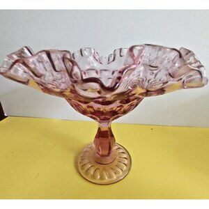 Fenton Peach Pink Glass Footed Bowl Double Ruffled Rim. 7" Tall 8" wide